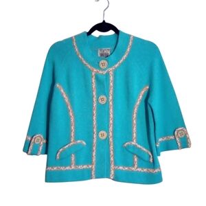 CURIO VINTAGE Cottagecore Knit Cardigan Jacket Rope Trim Design Turquoise
